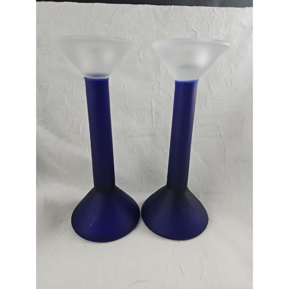 Frosted Cobalt Blue Candlesticks 7in vtg satin glass hourglass colorblock 2pc - Picture 6 of 12